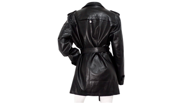 Vintage 1990s Black Leather Trench Mini Dress Jacket With