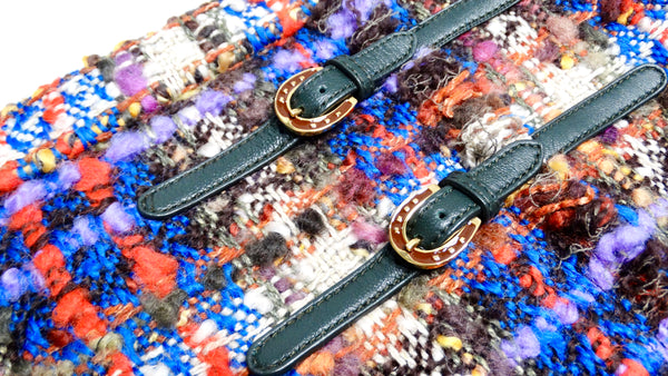 GUCCI★素敵！TWEED LEATHER BUCKLE SKIRT Gucci Tweed Multicolor Plaid Frayed Skirt With Horseshoe