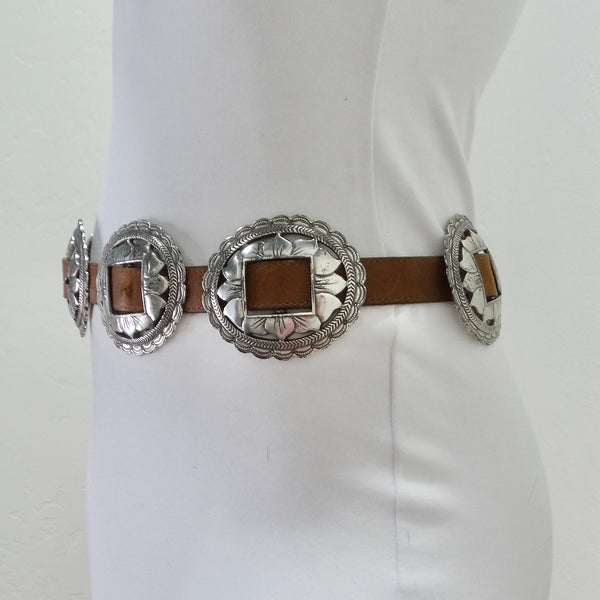 BRIGHTON 32 silver buckle wide leather belt brown medallions asiago co –  Jenifers Designer Closet