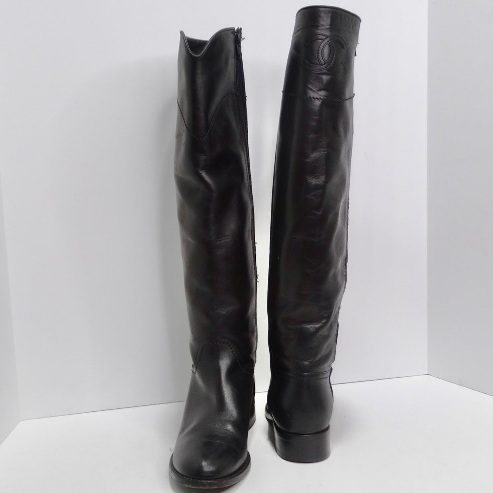 Chanel 2015 Interlocking CC Logo Black Leather Riding Boots