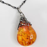 1960s Silver Amber Pendant Necklace
