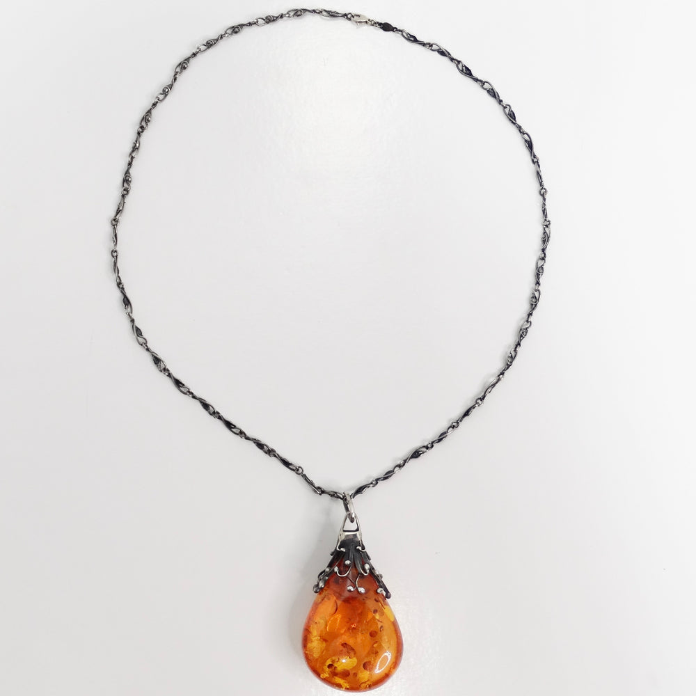 1960s Silver Amber Pendant Necklace