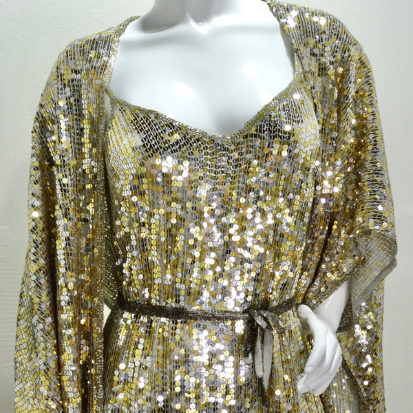 1980s Capriccio Gold Sequin Embellished Dress, Shawl & Belt Set Vintage by Misty 1980s Capriccio Gold Sequin Embellished Dress, Shawl & Belt Set Vintage by Misty