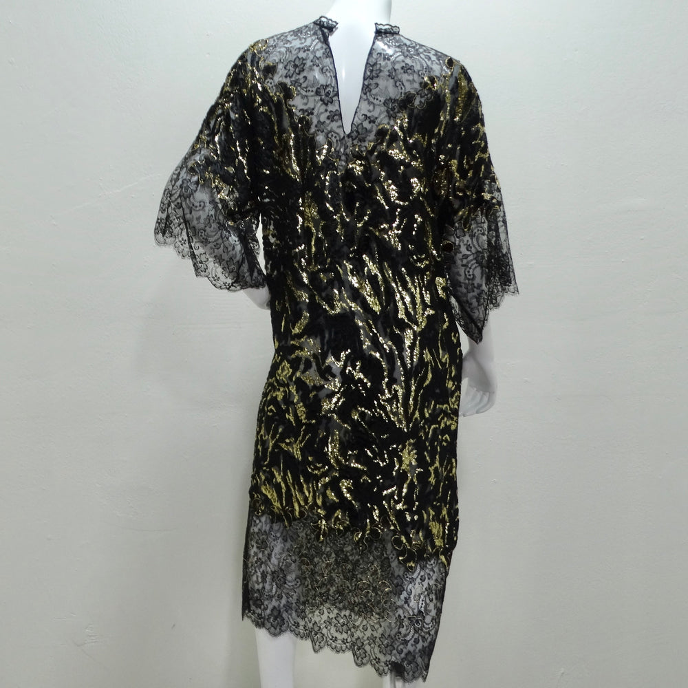 1980s Black Metallic Gold Lace Dress