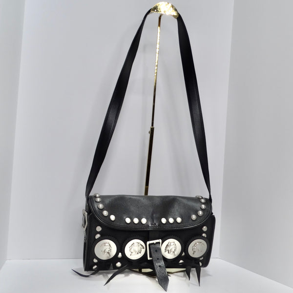 Kieselstein-Cord Black Leather Silver Twin Coin Messenger Bag