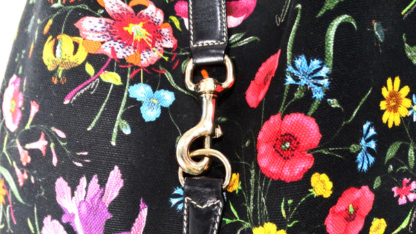 Gucci Large Flora Print Canvas & Black Leather Jackie Hobo Bag