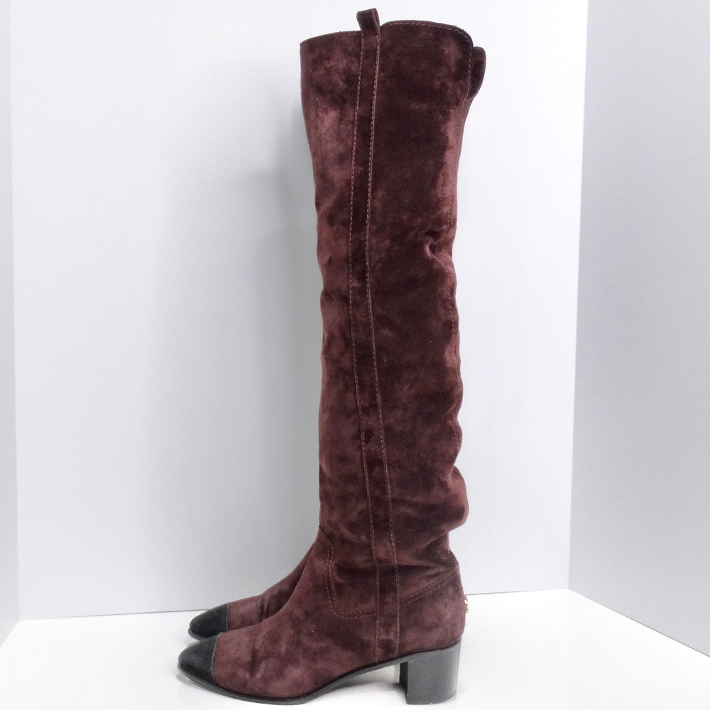 Chanel Burgundy Suede Cap Toe Over The Knee Boots