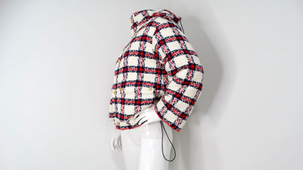 2022 Gucci Tweed Plaid Hooded Jacket With Gold-Tone Buttons
