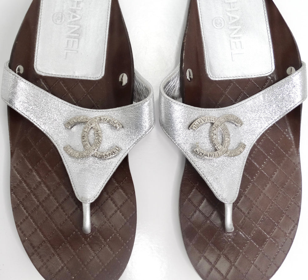 Chanel 2018 CC Silver Leather Sandals