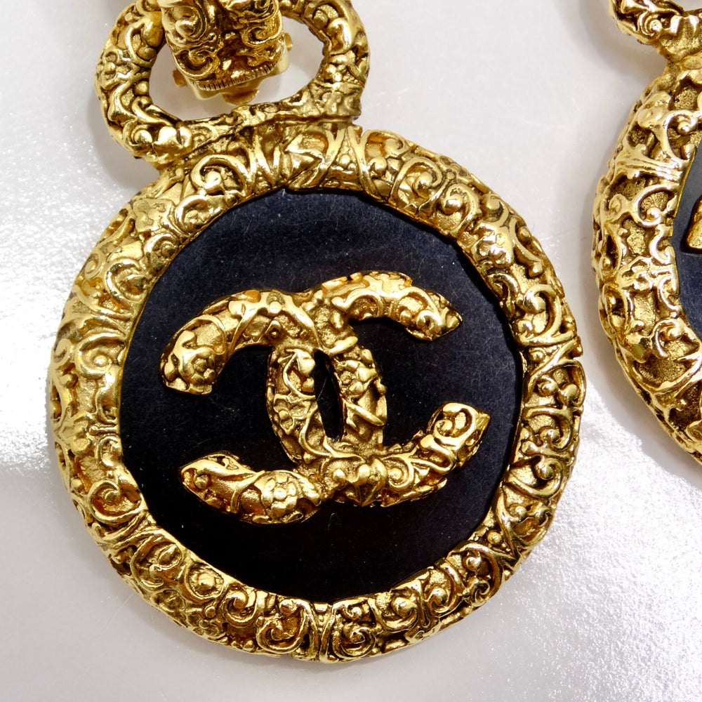 Chanel 1993 Gold Tone Black CC Medallion Florentine Earrings