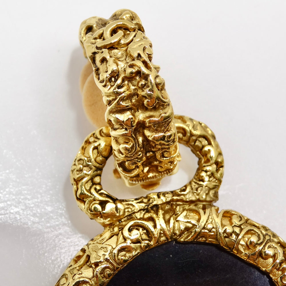 Chanel 1993 Gold Tone Black CC Medallion Florentine Earrings