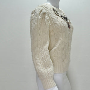 Gucci Cream Pearl Embellished Wool Cable Knit Sweater