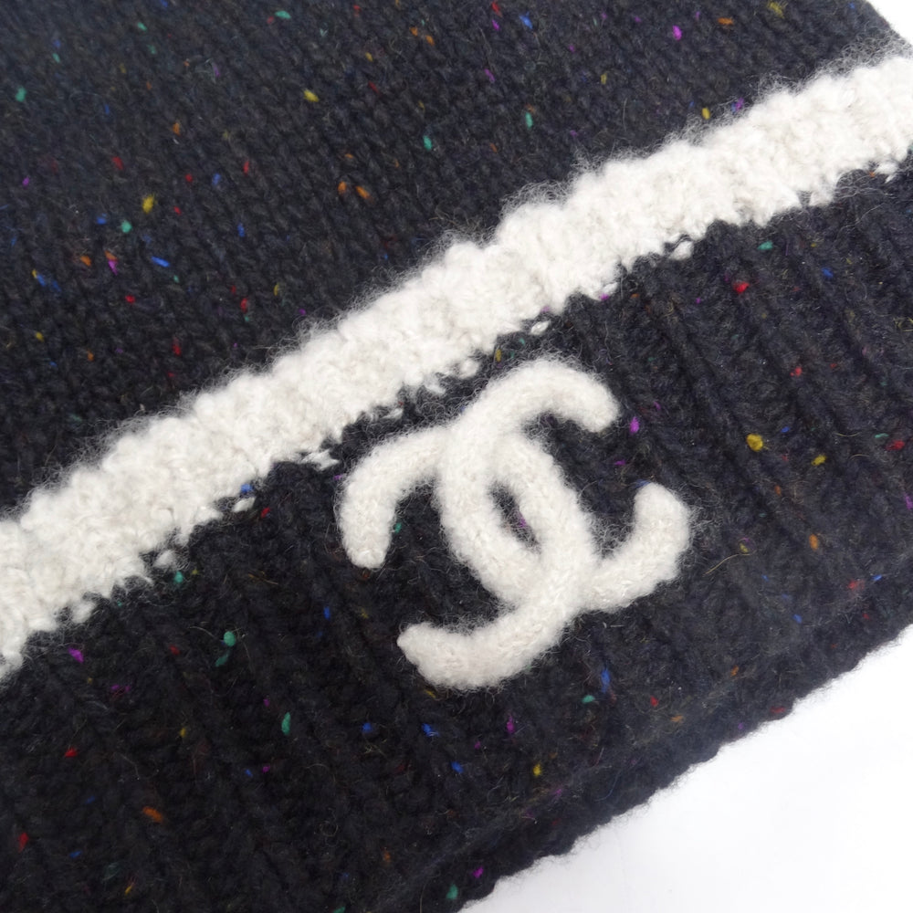 Chanel CC Black Rainbow Specks Cashmere Beanie Hat