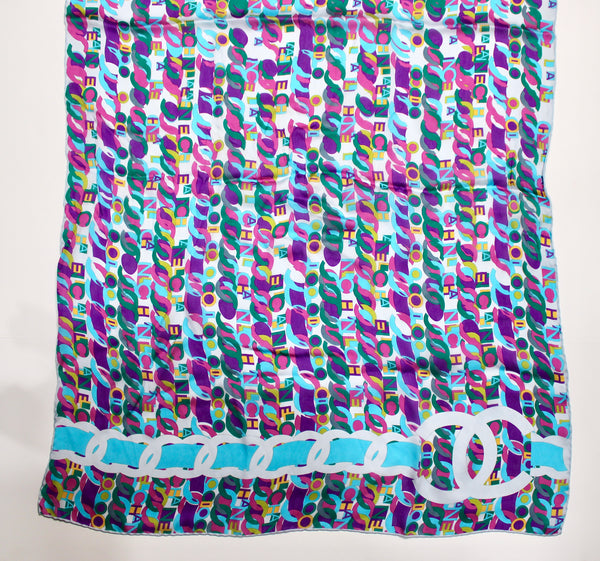 Chanel Blue Silk Multicolor Logo Print Scarf – Vintage by Misty