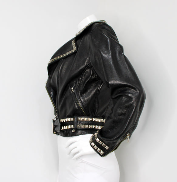 Moschino Cheap & Chic Peace Sign Studded Belted Black Leather