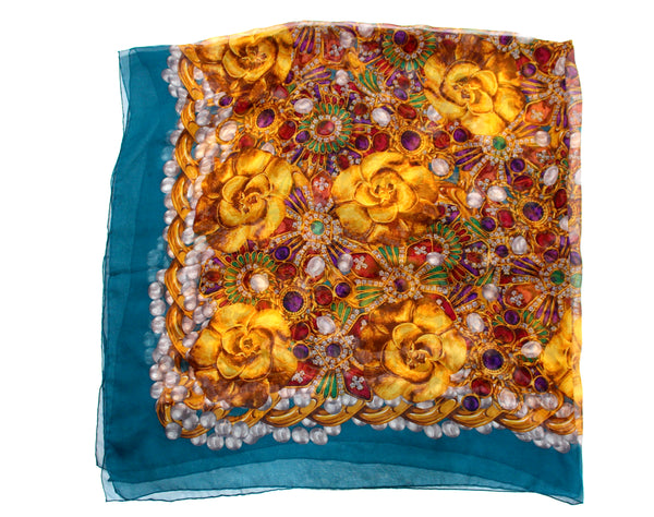 Chanel Camellia Croix Bijoux Gripoix Silk Print Scarf circa 1980s