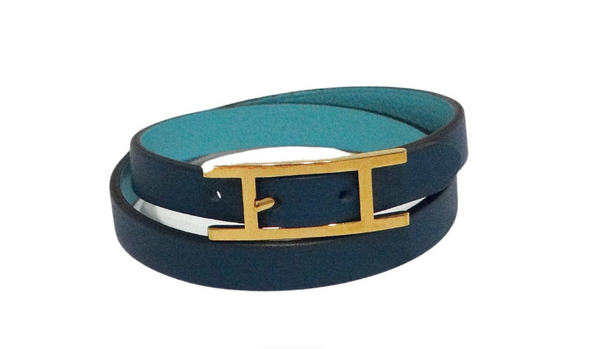 【モダン☆】Hermes Behapi Double Tour So Blue ブレスレット Hermes Behapi Double Tour Two-Toned Blue Leather Wrap