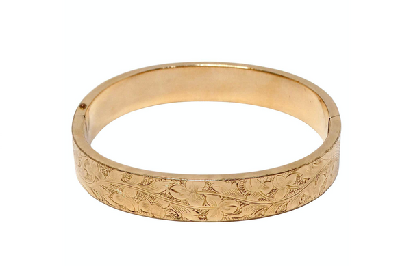 1940s Floral Print Engraved MS & S 14k Gold Shell Bangle – Vintage