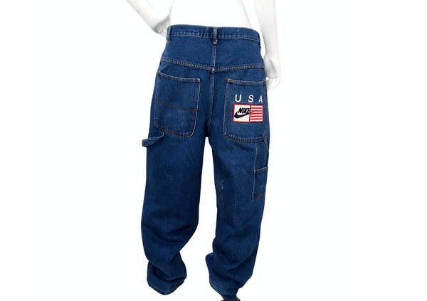 Nike USA 1990s Stitched Blue Denim Baggy Carpenter Style Jeans Nike USA 1990s Stitched Blue Denim Baggy Carpenter Style Jeans