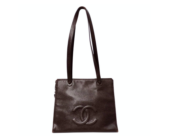 Chanel 1998 Brown Caviar Leather Interlocking CC Logo Timeless