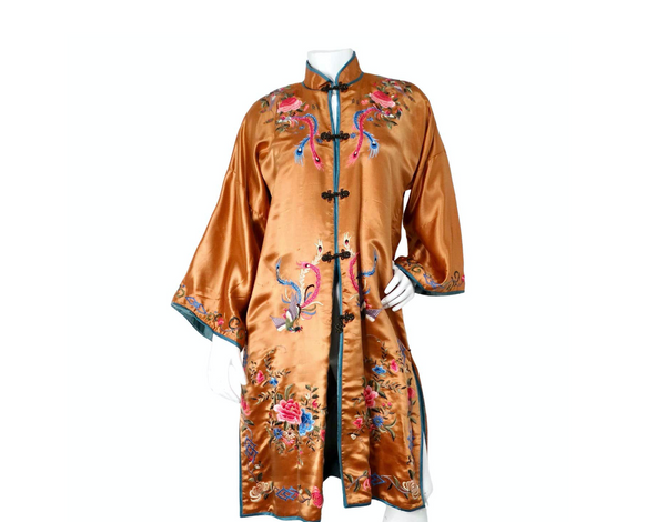 1950s Vintage Orange Chinese Silk Floral Embroidered Print