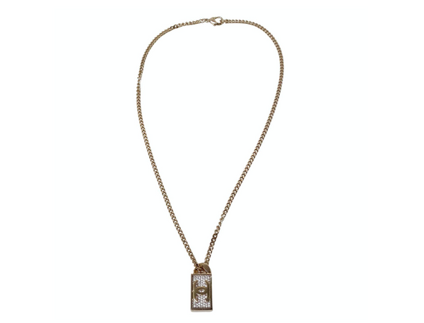 Chanel Gold-Tone Crystal Dog Tag Style Pendent Chain Necklace Chanel Gold-Tone Crystal Dog Tag Style Pendent Chain Necklace
