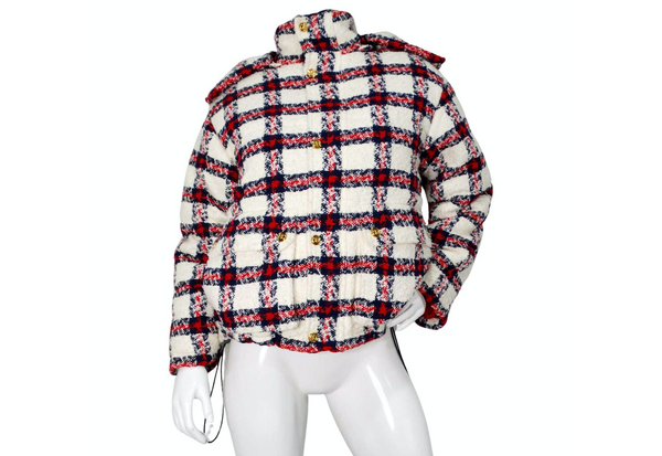 2022 Gucci Tweed Plaid Hooded Jacket With Gold-Tone Buttons 2022 Gucci Tweed Plaid Hooded Jacket With Gold-Tone Buttons