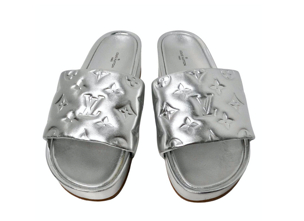 Louis Vuitton Silver Metallic Monogram Platform Leather Slide