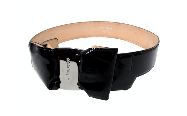 Salvatore Ferragamo Black Patent Leather Bow Style Belt 
