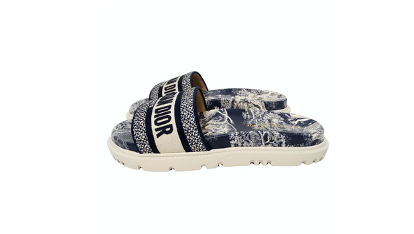 Christian Dior Dway Canvas Toile de Jouy Blue Embroidered Slides