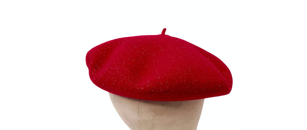 Laulhere Cherry Red Shimmer French Merino Wool Beret With Calfskin