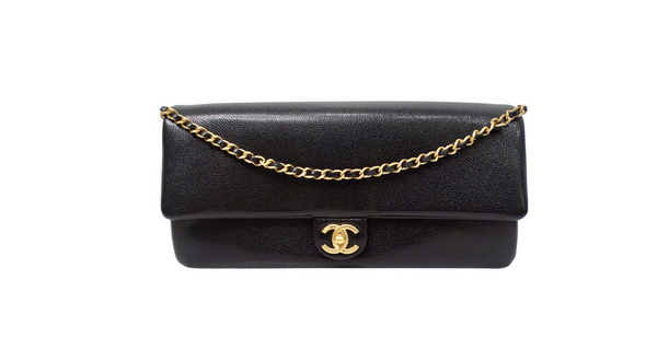 Chanel Black East West Grained Calfskin Leather Maxi Clutch