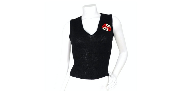 Gucci Black Embroidered Logo Knit Wool Blend Vest Top circa 1970s