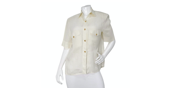 Chanel Cream Linen Interlocking CC Button-Up Short Sleeve Blouse