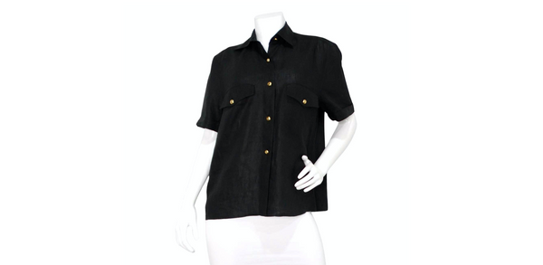 Chanel Black Linen Interlocking CC Button-Up Short Sleeve Shirt