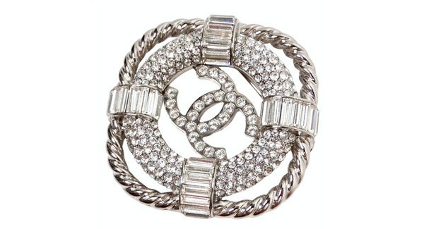 Chanel Crystal Interlocking CC Lifesaver Silver-Tone Brooch 