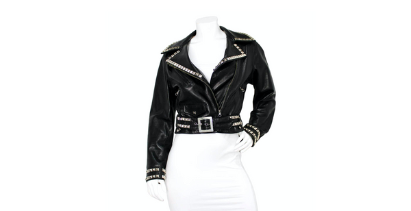 Moschino Cheap & Chic Peace Sign Studded Belted Black Leather