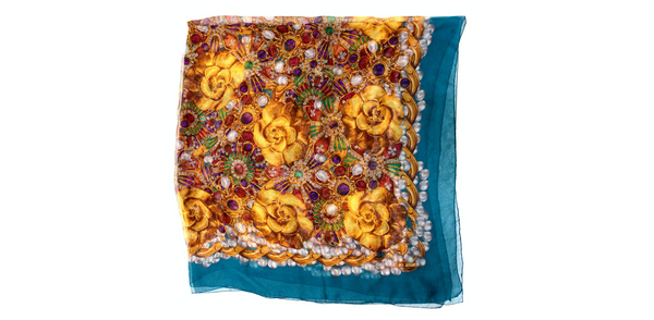 Chanel Camellia Croix Bijoux Gripoix Silk Print Scarf circa 1980s Chanel Camellia Croix Bijoux Gripoix Silk Print Scarf circa 1980s