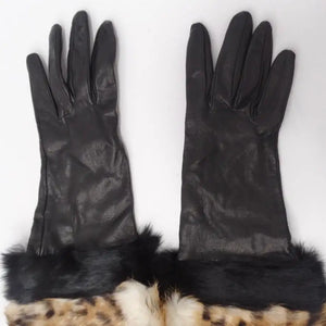 Neiman Marcus Black Leather Leopard Fur Gloves