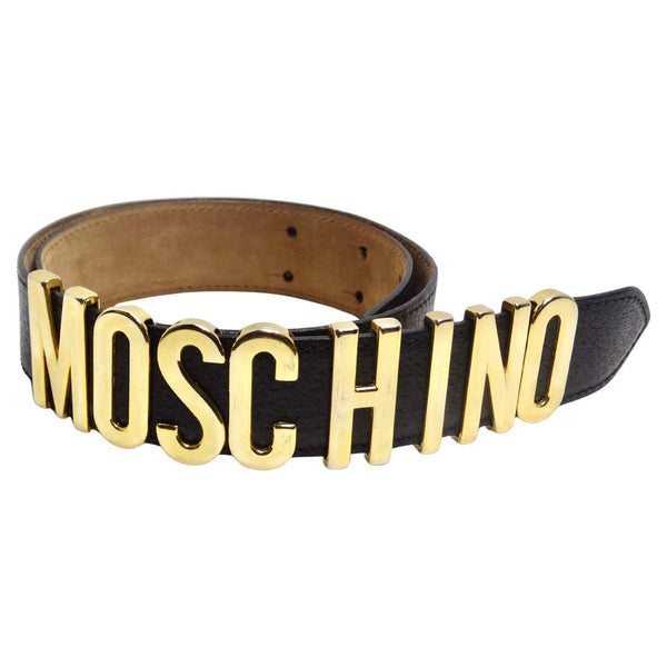 当時物MOSCHINO モスキーノ メタル ロゴ 本革レザーベルト レトロ Moschino モスキーノ ロゴプレート ベルト | ブラック | FARFETCH JP