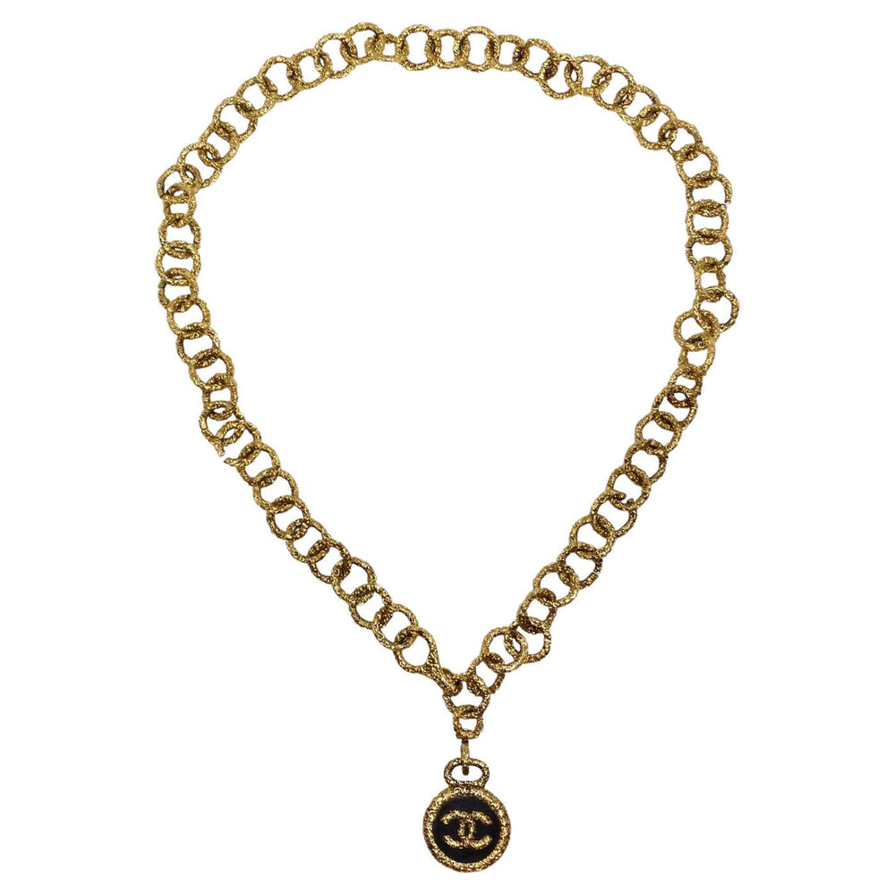 Chanel 1993 Gold Tone Black CC Medallion Florentine Necklace