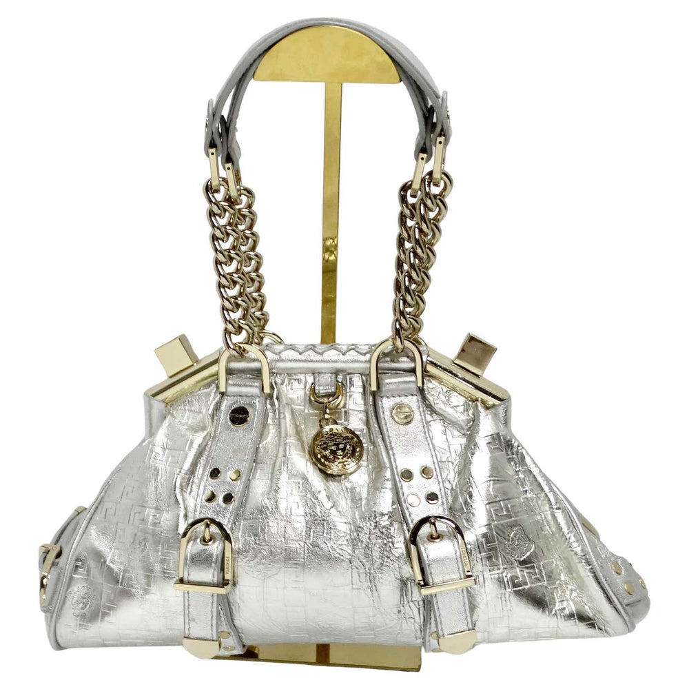 Versace 1990s Silver Leather Medusa Shoulder Bag