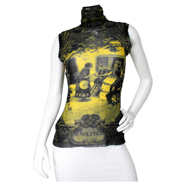 Jean Paul Gaultier Vintage Print Mesh Sleeveless Turtleneck Top
