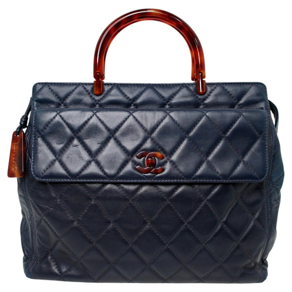 Chanel Navy Lambskin Quilted Leather Tortoise Top Handle Bag circa