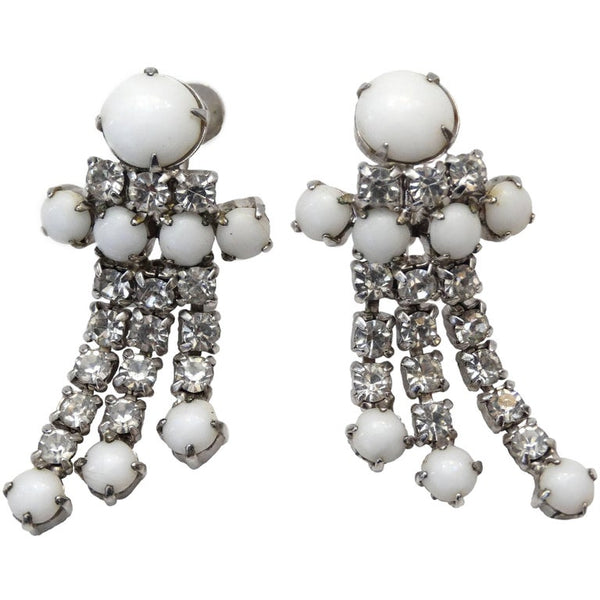 1960s White Rhinestone Dangle Screw Back Earrings – Vintage by Misty