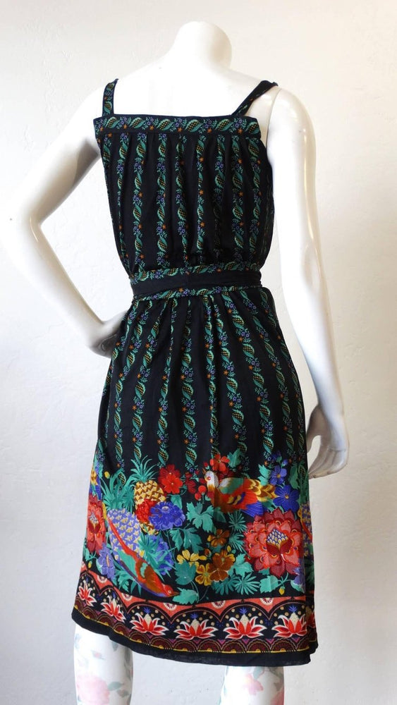 1970s Gottex Black Floral Printed Dress