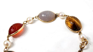 1970s Scarab Carved Multi-Gemstone & Pearl 12k Gold Filled Bracelet