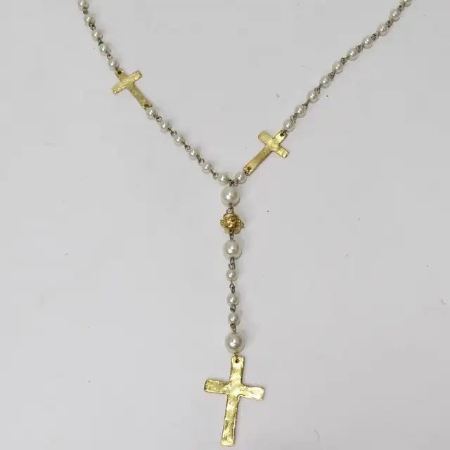 1990s 18K Gold Plated Faux Pearl Rosary Necklace