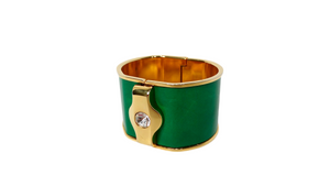 Vintage Green Leather Gold Tone Cuff With Rhinestone