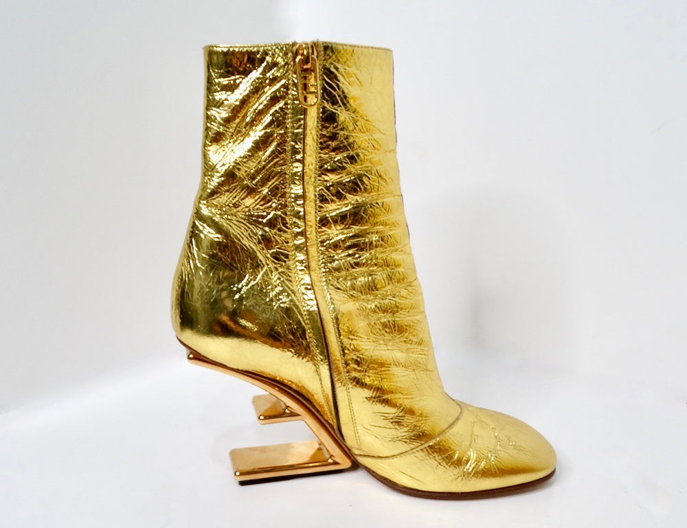 Fendi Gold-Tone Laminated Craquele Nappa Fendi First Booties